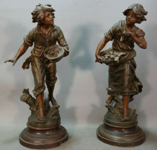 (2) Antique French Art Nouveau Era Bronzed Farm Boy & Girl Old Parlor Statue