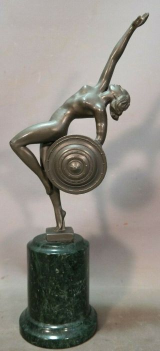 Antique Art Deco Era Nude Lady Shield Statue Old Marble Pedestal Desk Sculpture