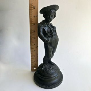 Vintage Antique Iron Statue Of A Boy With Hat On A Pedestal