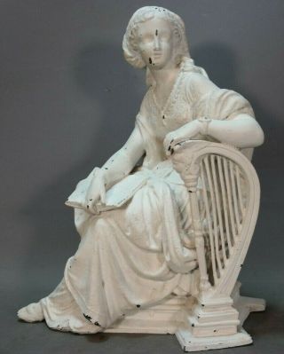 19thc Antique Victorian Music Room Old Grecian Lady & Harp Figural Clock Statue