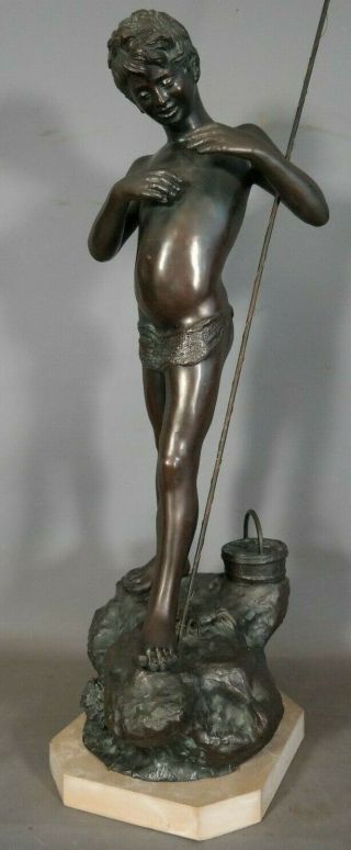 3ft Lg Antique Art Deco Era Bronzed Nude Boy Fishing Old Parlor Sculpture Statue