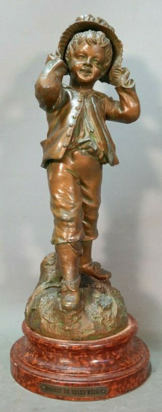 Ca.  1910 Antique French Art Nouveau Bronzed Boy & Grandma Bonnet Sculpture Statue