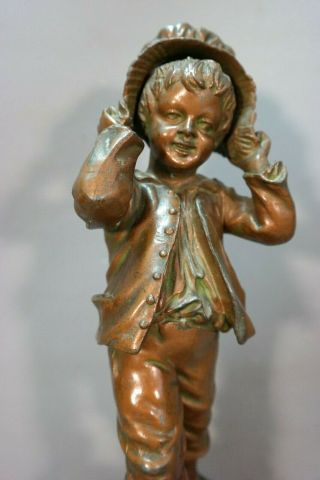 Ca.  1910 Antique FRENCH ART NOUVEAU Bronzed BOY & GRANDMA BONNET Sculpture STATUE 2
