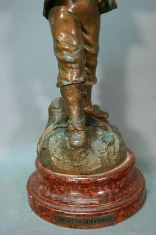 Ca.  1910 Antique FRENCH ART NOUVEAU Bronzed BOY & GRANDMA BONNET Sculpture STATUE 3