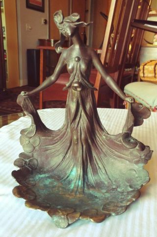 Art Nouveau Beauty Bronze Standing Woman.  Ring Tray.  Emile Joseph Nestor Carlier