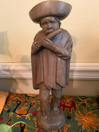 Vintage Wood Hand Carved Statue Figurine Man Playing Flute Luis Potosi Equador