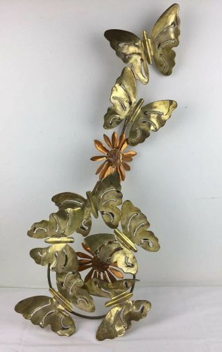 Large 29 " X 14 " Mid Century Welded Brass Butterflies & Copper Flowers Wall Art