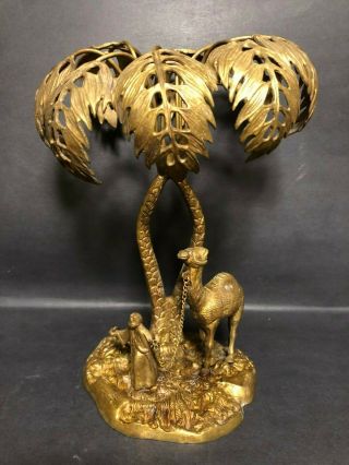 Antique Mid Century Austrian Solid Brass Arab Palm Tree Camel Sculpture Scene X
