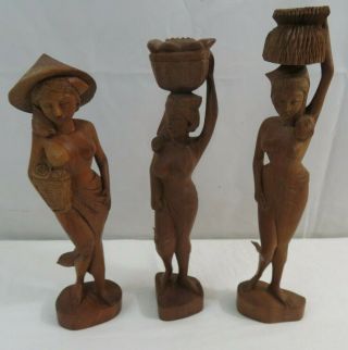 Set Of 3 Bali Wood Sculpture Statuette Hand Carved Nude Ladies 13 "