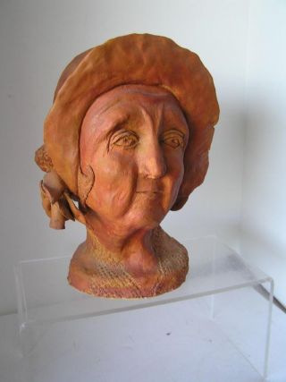 Stunning Life Size Old Lady Head Clay Bust Sculpture By Shirley Chaney Signed