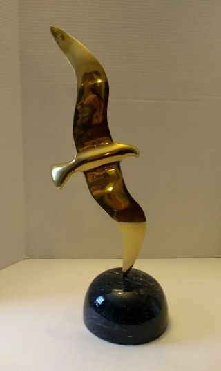 Curtis C Jere 1984 Brass Seagull In Flight Sculpture Signed Black Marble Base