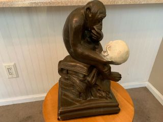 Vintage Darwin Skull & Monkey 13.  5 " Chalkware Sculpture Statue Esco Products