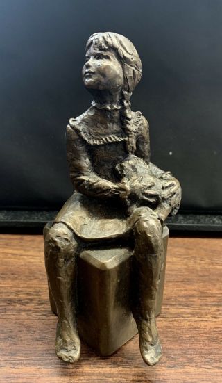 Vintage Bronze Wash Sitting Girl W/ Pony,  Signed Alva,  Art Metal Sculpture