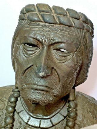 Signed Heavy Bronze Native American Indian Chief Sculpture / Bust - Art
