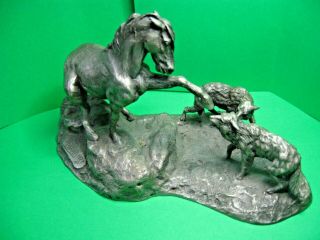 Franklin Fine Pewter Figurine Statue 1977 Stallion Survival Wolf Attack
