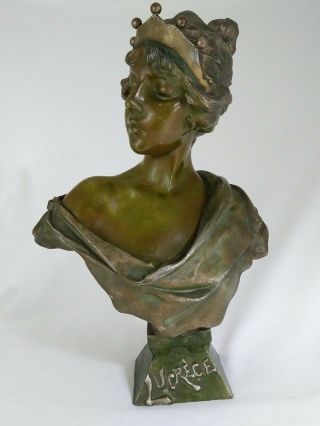 Antique Lucrece Bust Sculpture Art Nouveau Cast Spelter After Emmanuel Villanis