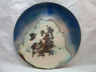 Signed Anita Silverstein Copper Enamel Plate.  Chunky,  Cream & Blue