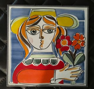 Vtg Mid - Century Modern Picasso Style Ceramic Tile - Wall Hanging - Abstract