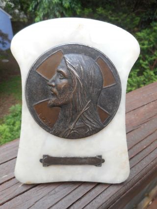 Antique Signed Brass Plaque Of Jesus Christ On White Marble Background W/ Stand