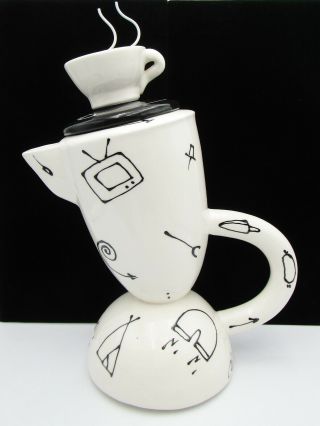 Vintage Artist Signed 1980s Memphis Style Coffee Pot Art Pottery Figurine