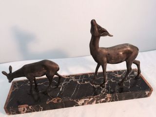 Art Deco Antique Bronze 2 Deer Sculpture On Marble Base