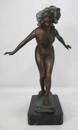 Big 17 " Antique Nouveau Bronze Sculpture Nude Lady Skinny Dipping A.  De Luca Yqz