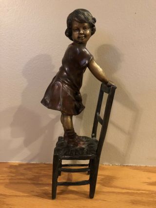 Antique Vintage Bronze Sculpture Of A Baby Girl Standing On Chair By Juan Clara?