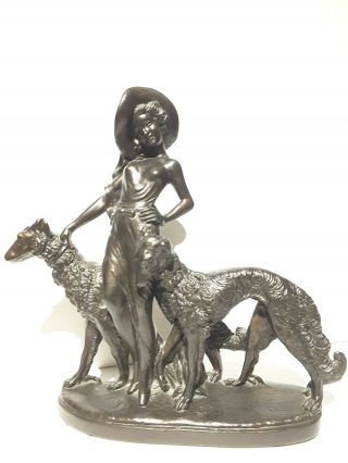 Sultana Lady With Wolfhounds Or Borzois In Bronze - Tone,  Vintage