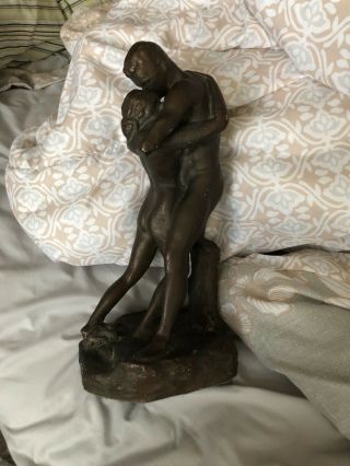 Vintage Bronze Sculpture Of Man And Woman Embracing Nude - 12”