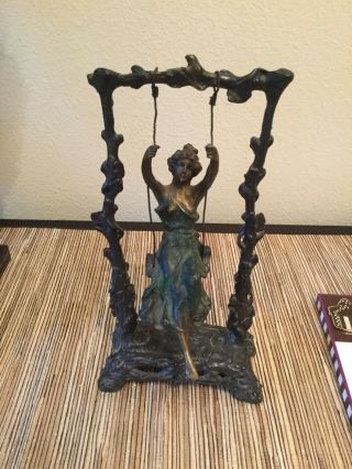 Antique French Bronze Statue Lady On Swing Signed Aug.  Moreau,  Detail