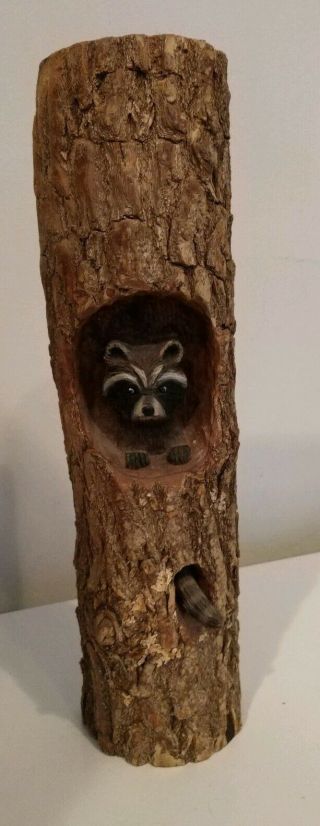 Vintage 1989 Wood Carving Raccoon In A Tree Stump Branson Mo.  16 " Artist Signed