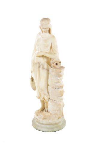 19th Century Alabaster Sculpture Of A Girl W/ Water Jugs - By P.  Conti - Signed
